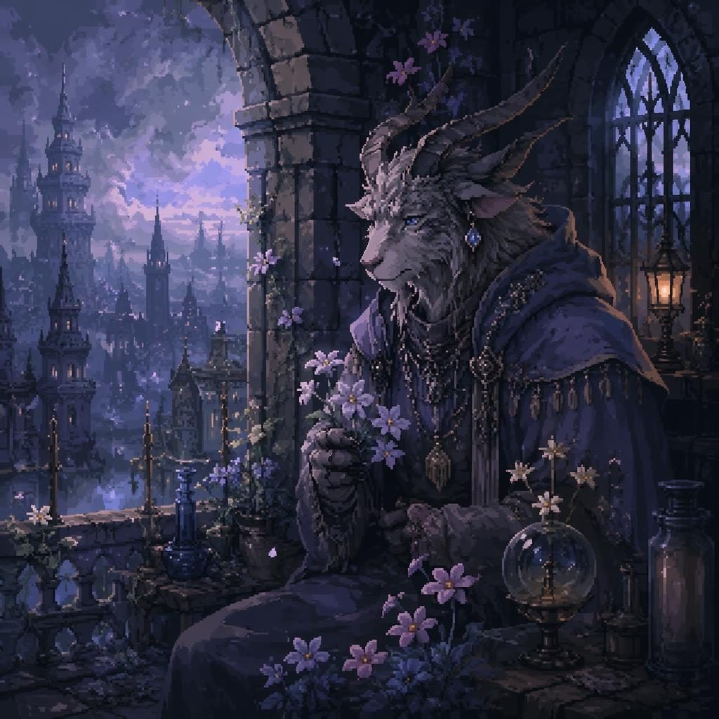 Melancholic pixel art of a mage tower keeper creature in an urban fantasy tower with atmospheric lighting