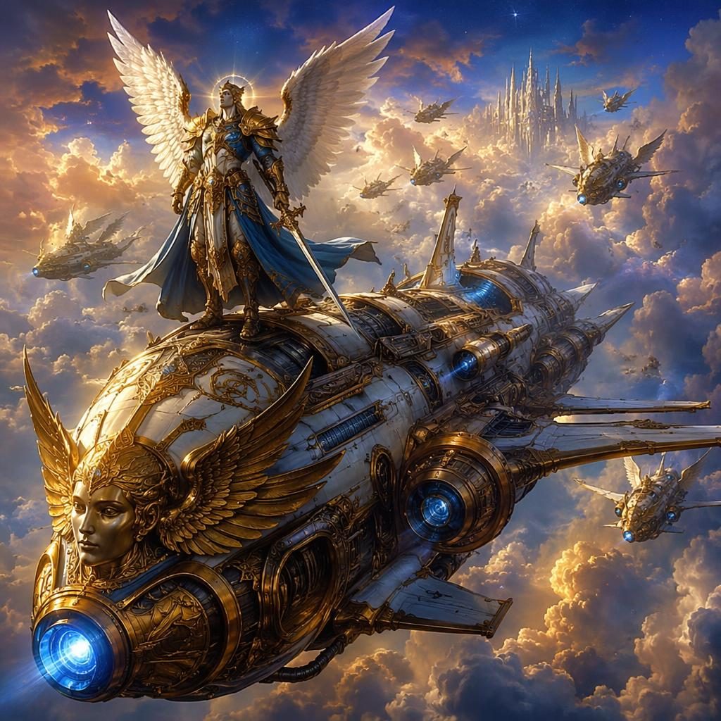 Celestial archangel warrior posed with a retro 1980s dieselpunk spaceship in triumphant atmospheric fantasy art