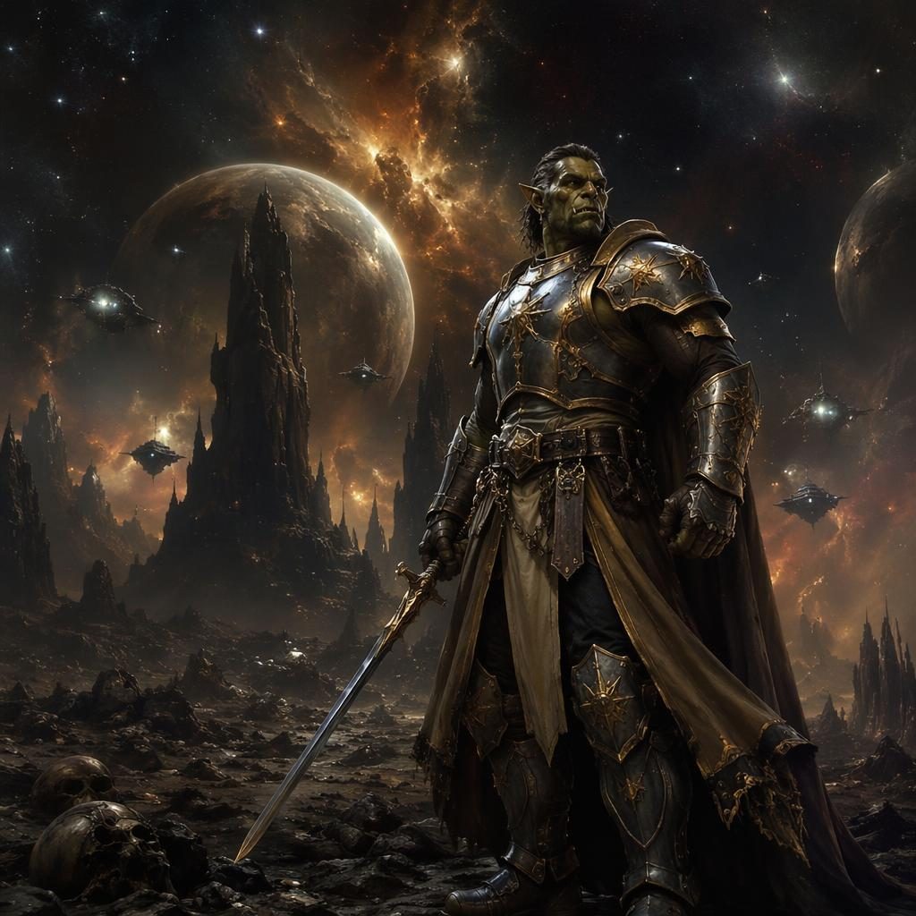 Realistic concept art of a half-orc paladin in dark sci-fi armor overlooking a cosmic landscape with ominous atmospheric light