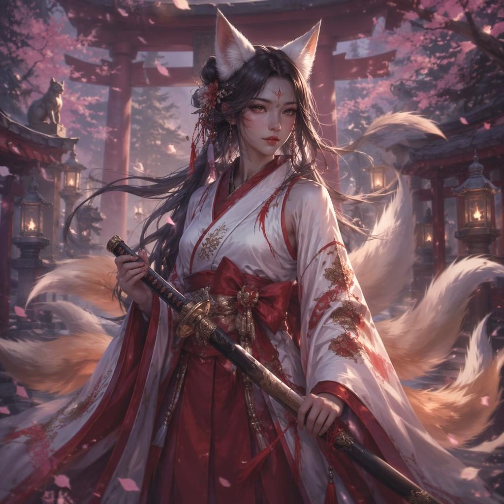 Semi-realistic portrait of a kitsune shrine maiden in a kimono with fox traits, mystical lighting, and a painterly shrine backdrop.