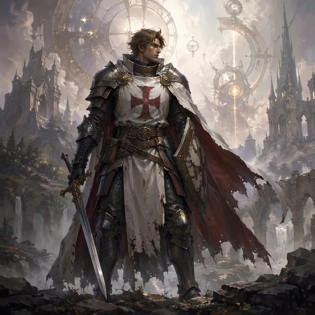 Semi-realistic portrait of a human knight templar in glowing armor with atmospheric light and a painterly fantasy backdrop.