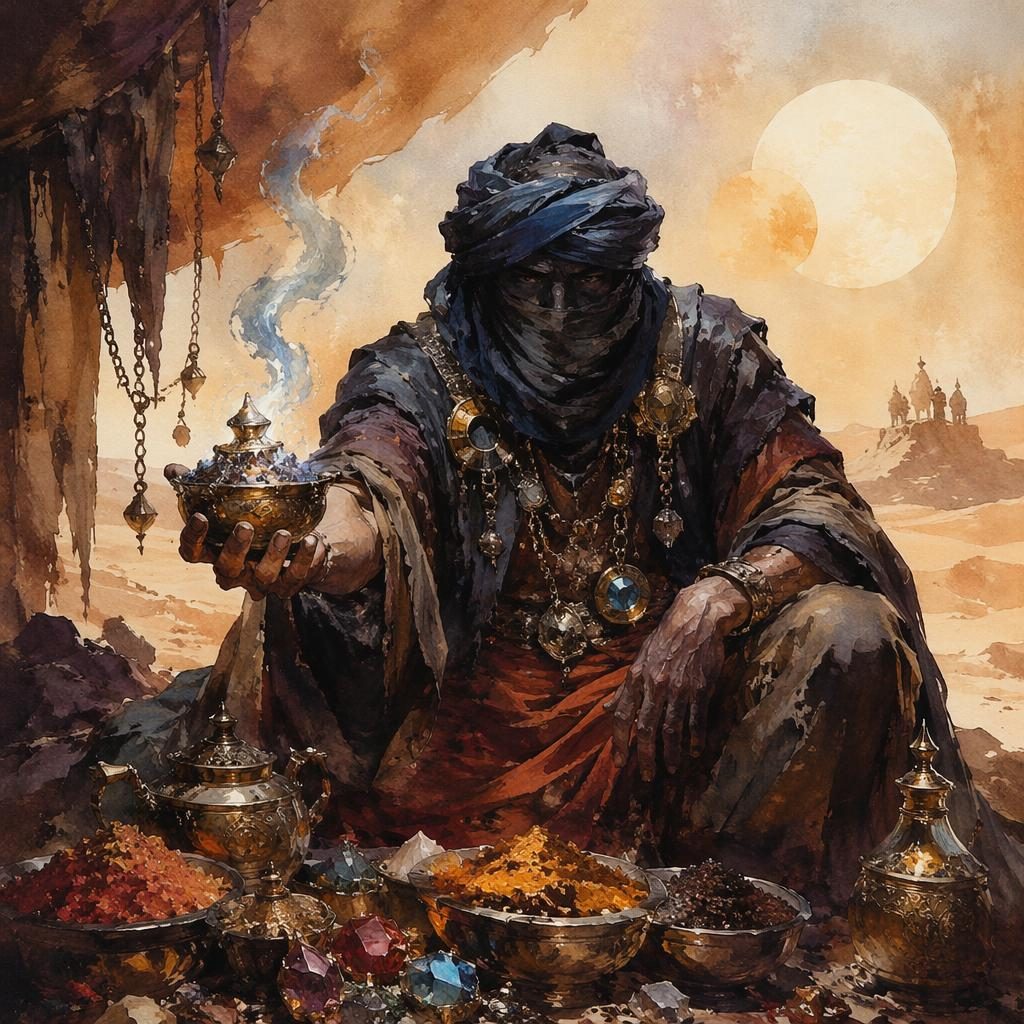 Watercolor fantasy illustration of a desert spice trader relic glowing in a sci-fi space opera market scene