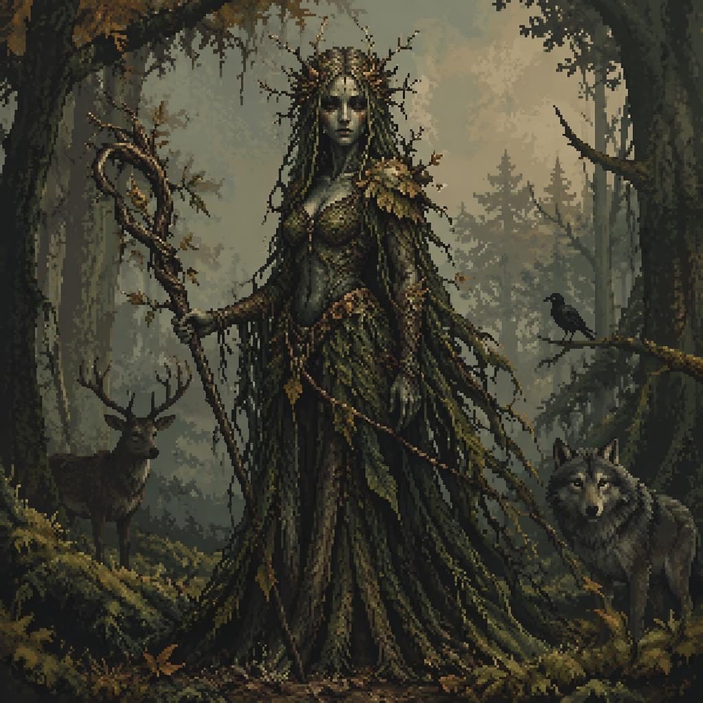 Melancholic pixel art of a wood nymph druid in a forest, with atmospheric lighting and a painterly background.