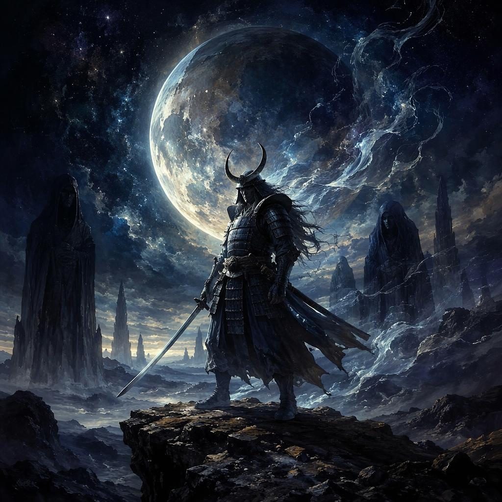 A moonlit samurai stands in a dark cosmic landscape with eerie skies, atmospheric glow, and realistic fantasy detail.