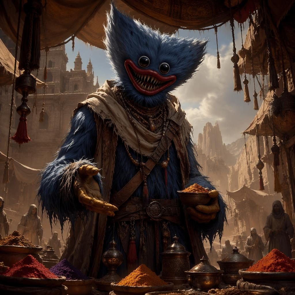Anime fantasy desert market scene with a grim spice trader, windswept stalls, sacks of spice, and atmospheric light