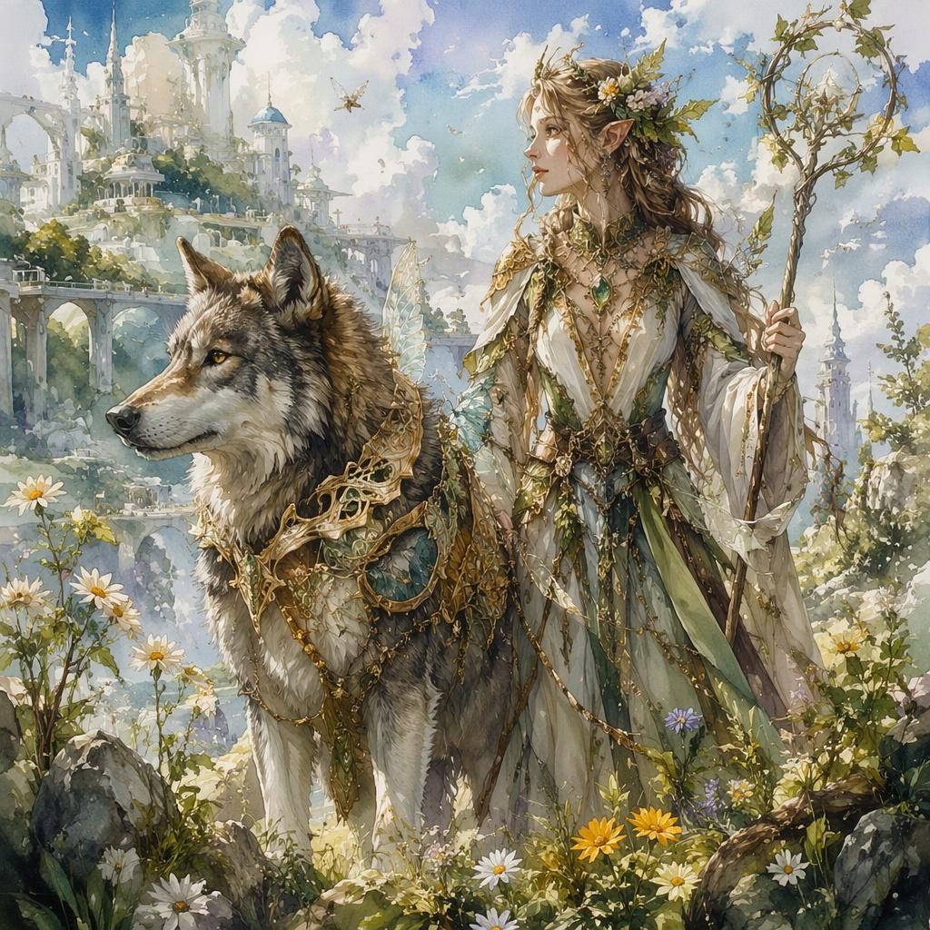 Watercolor fantasy illustration of a magical wolf companion in a solarpunk setting with glowing details and atmospheric light.