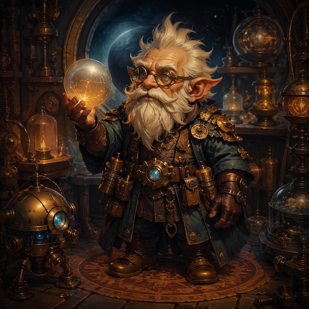 Full-body gnome artificer in dark moody oil-painted sci-fi armor, warmly lit with atmospheric space opera backdrop.