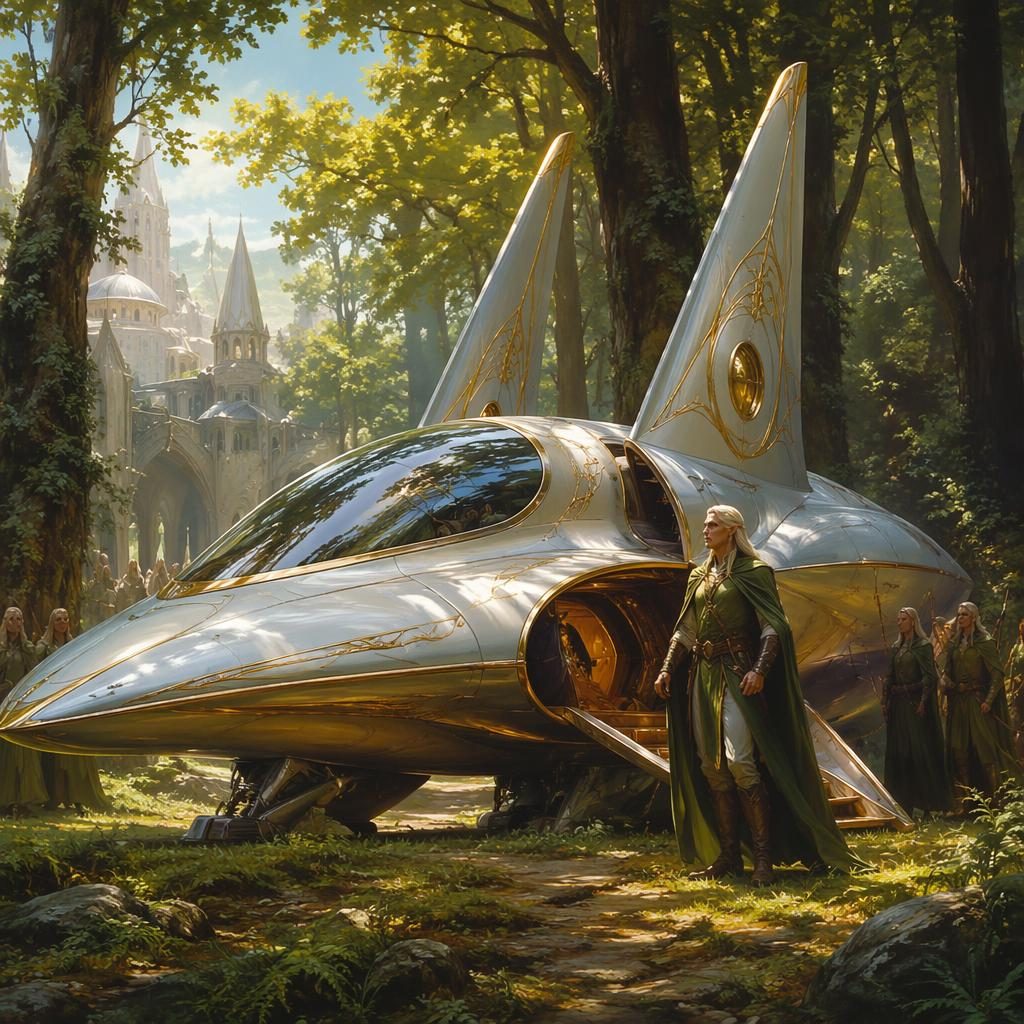 Elven ranger in a forest beside a sleek solar punk spaceship, painted in retro 1980s fantasy style with triumphant mood