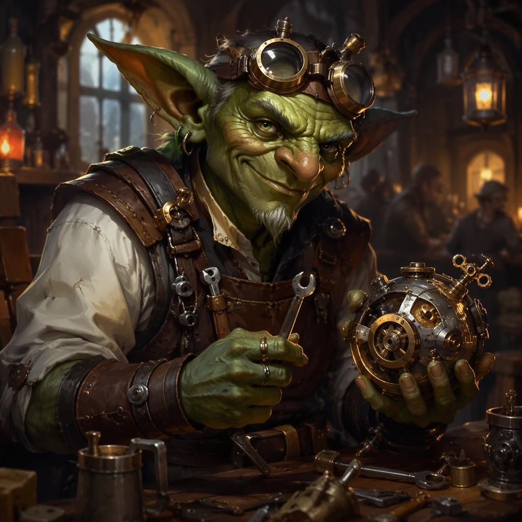 Heroic goblin tinker in a tavern interior, painted in atmospheric light with sharp detail and a painterly background