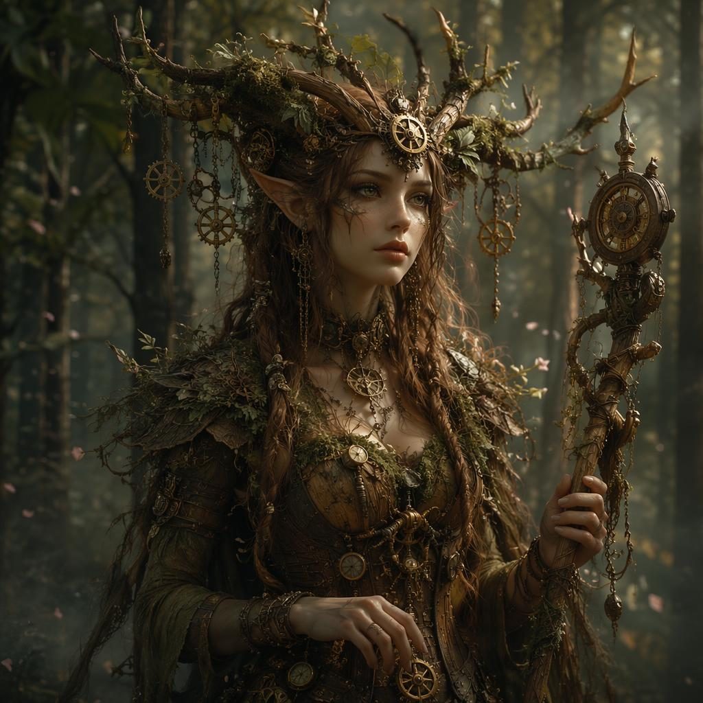 Semi-realistic portrait of a mystical wood nymph druid in steampunk fantasy attire with atmospheric lighting.