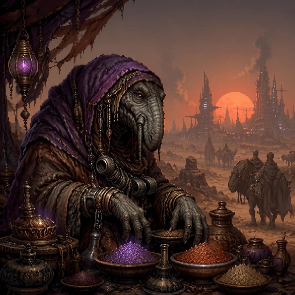 Melancholic cyberpunk desert spice trader creature in pixel art, atmospheric lighting and painterly desert backdrop