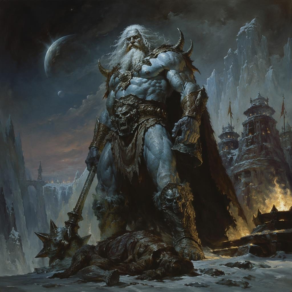 Full-body frost giant warlord in dark moody oil-painting style, with atmospheric lighting and a painterly sci-fi backdrop.
