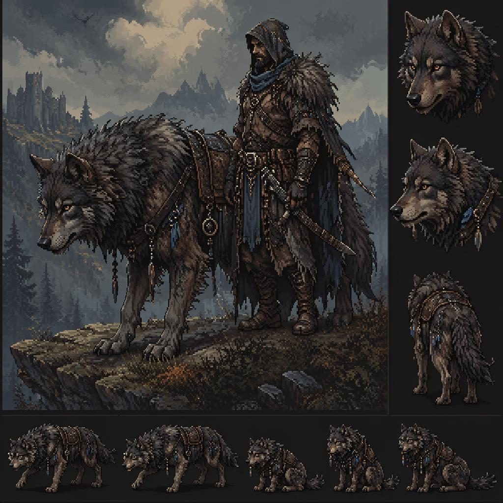 Pixel art fantasy wolf companion in a melancholic sword-and-sorcery scene with atmospheric lighting and painterly background.