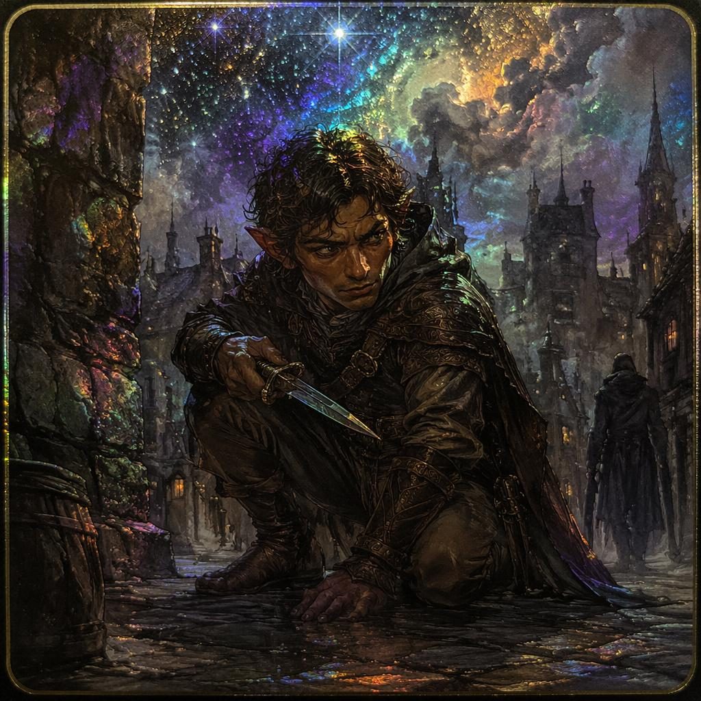 A halfling rogue stands in a grim medieval fantasy setting beneath nebulous stars, with atmospheric lighting and anime-style detail.