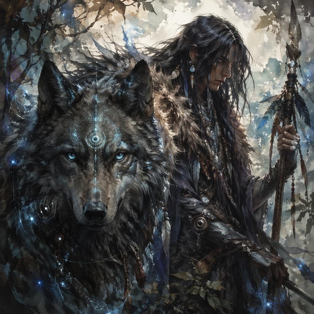 Watercolor dark fantasy illustration of a magical wolf companion with atmospheric lighting and a painterly background.