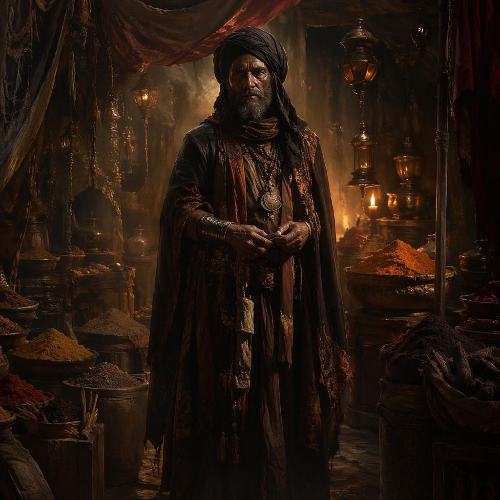 Full-body desert spice trader in dark moody robes, warm lantern light, atmospheric painterly desert background.