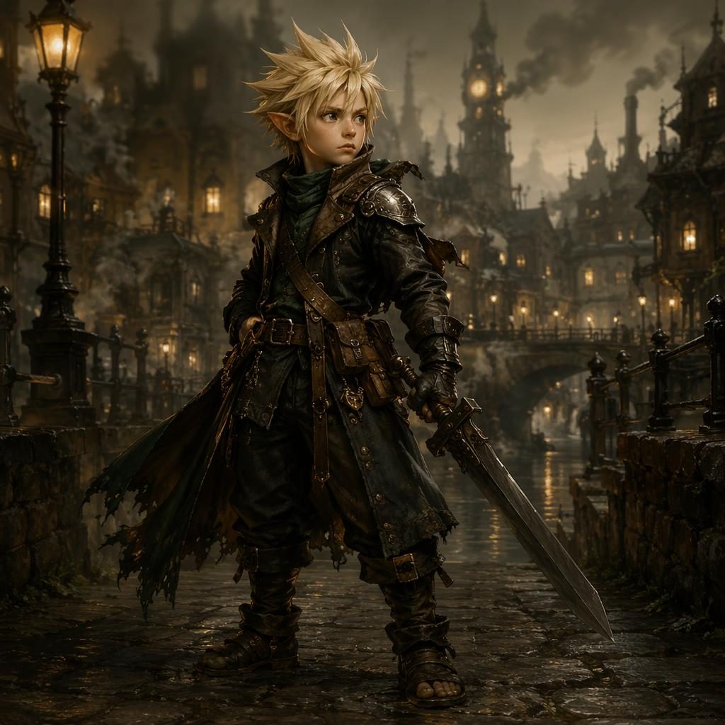 Full-body halfling rogue in dieselpunk attire, painted in a dark moody oil style with warm cozy lighting