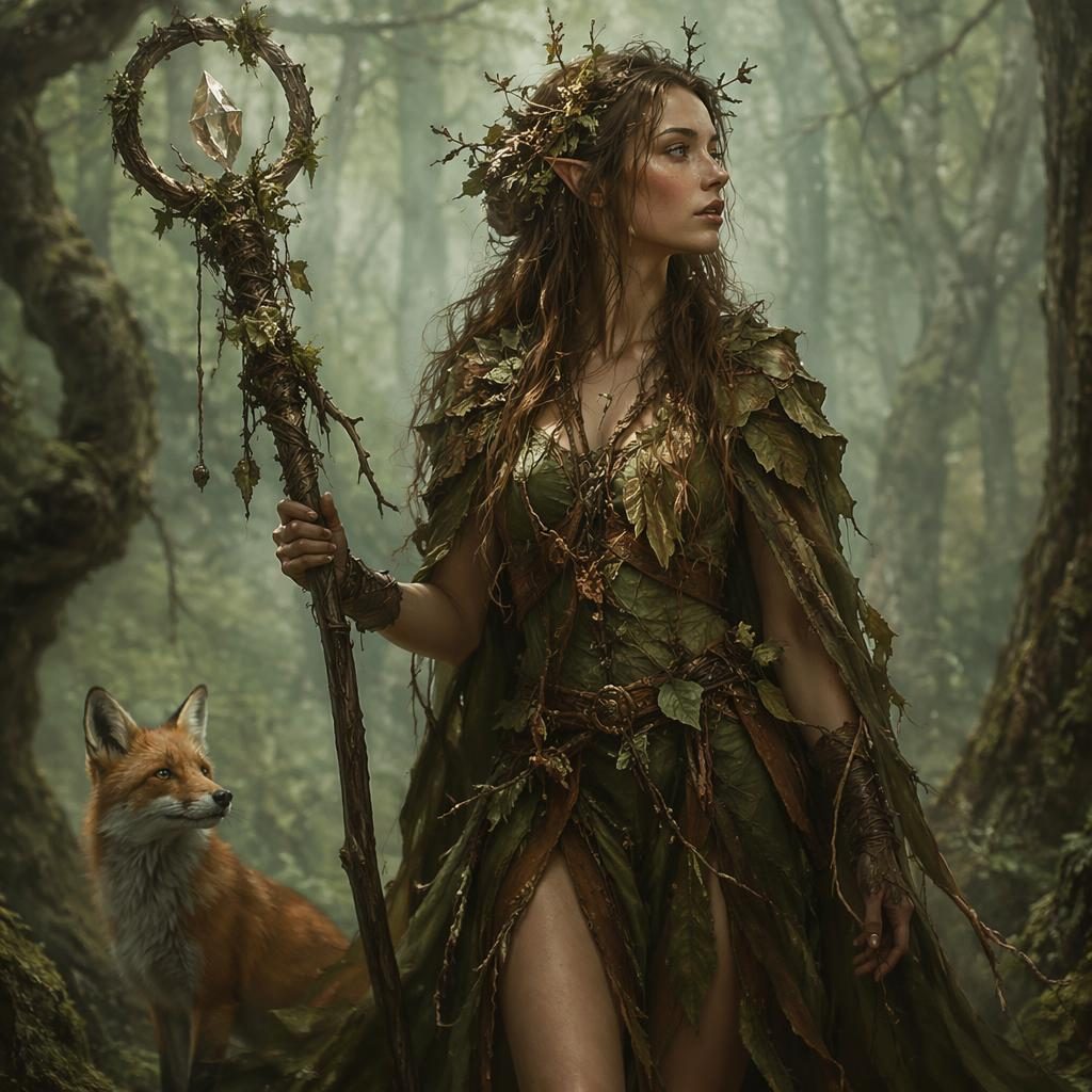 Semi-realistic portrait of a mystical wood nymph druid with forest textures, atmospheric light, and painterly woodland backdrop.