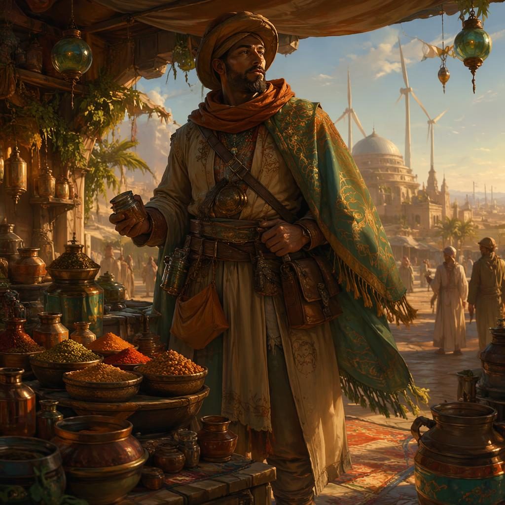 Full-body desert spice trader in layered robes, warm atmospheric light, moody painterly background, solar punk fantasy art