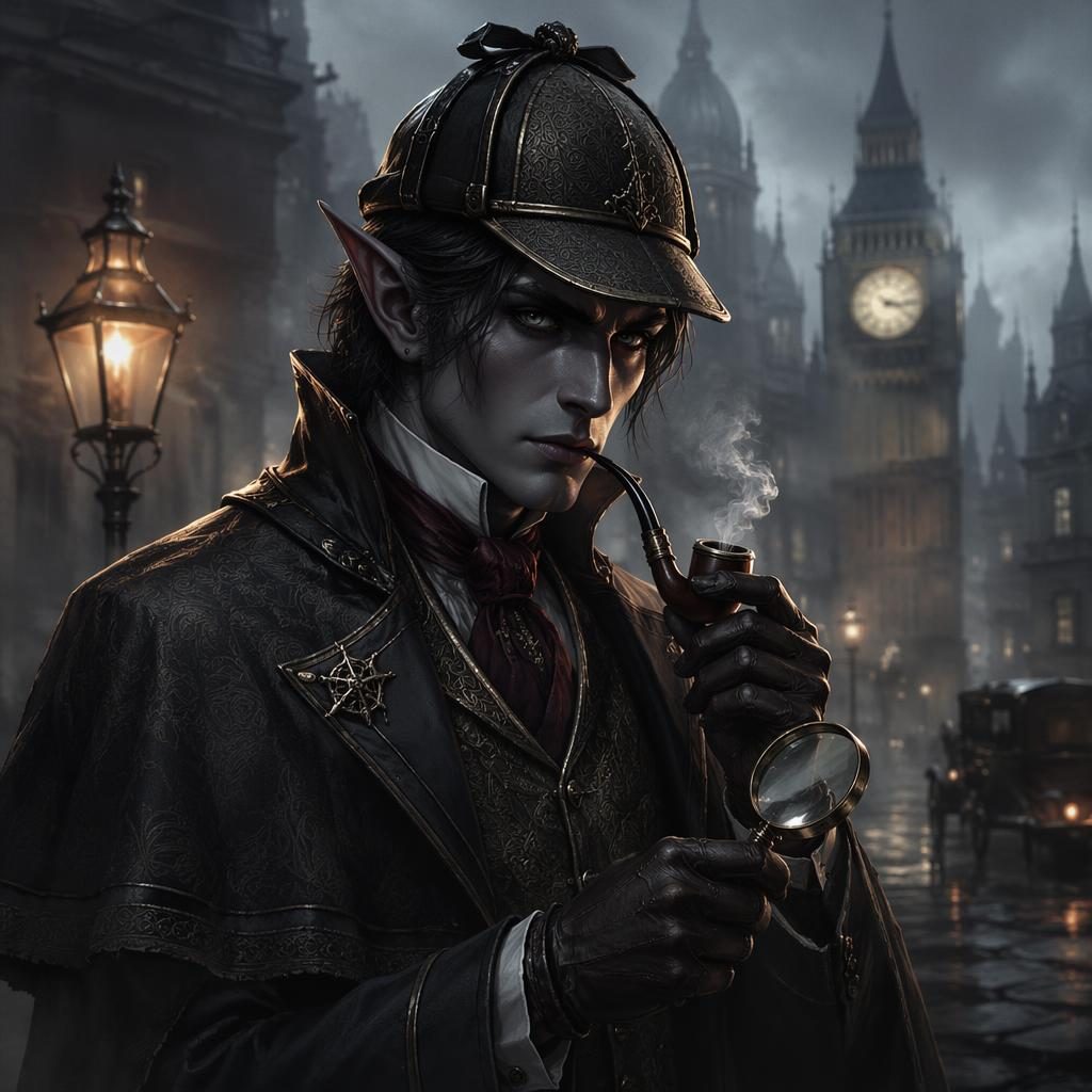 Semi-realistic portrait of a dark elf assassin in steampunk attire with atmospheric lighting and a painterly background.