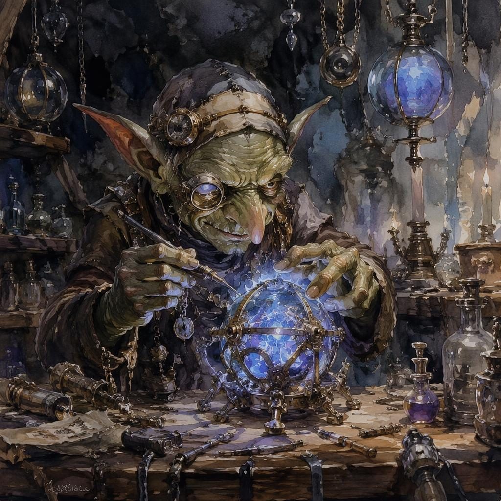 Watercolor dark fantasy illustration of a goblin tinker holding a glowing magical item in atmospheric studio lighting.