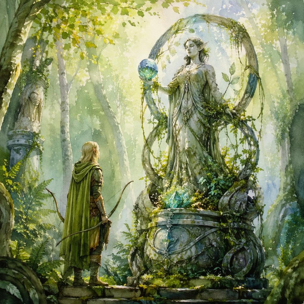 Watercolor fantasy illustration of a glowing elven relic in a lush solarpunk forest with atmospheric light and painterly trees.