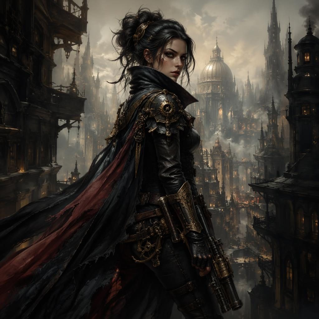 Semi-realistic portrait of a cyberpunk demon hunter in steampunk armor with atmospheric mystical lighting