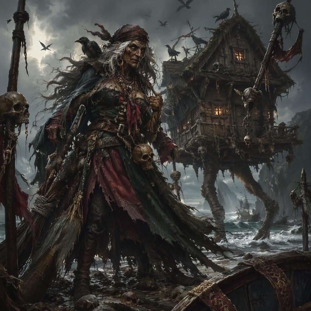 Anime fantasy coastal pirate lair cursed with dark magic, ruined shipwrecks, stormy sea, grim atmospheric lighting