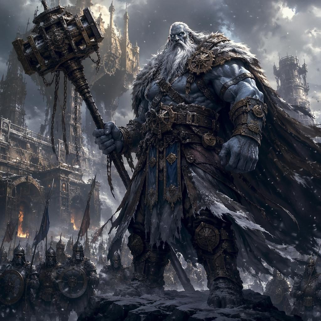Anime-style steampunk ice fortress with a frost giant warlord in grim armor, atmospheric light and painterly snow.