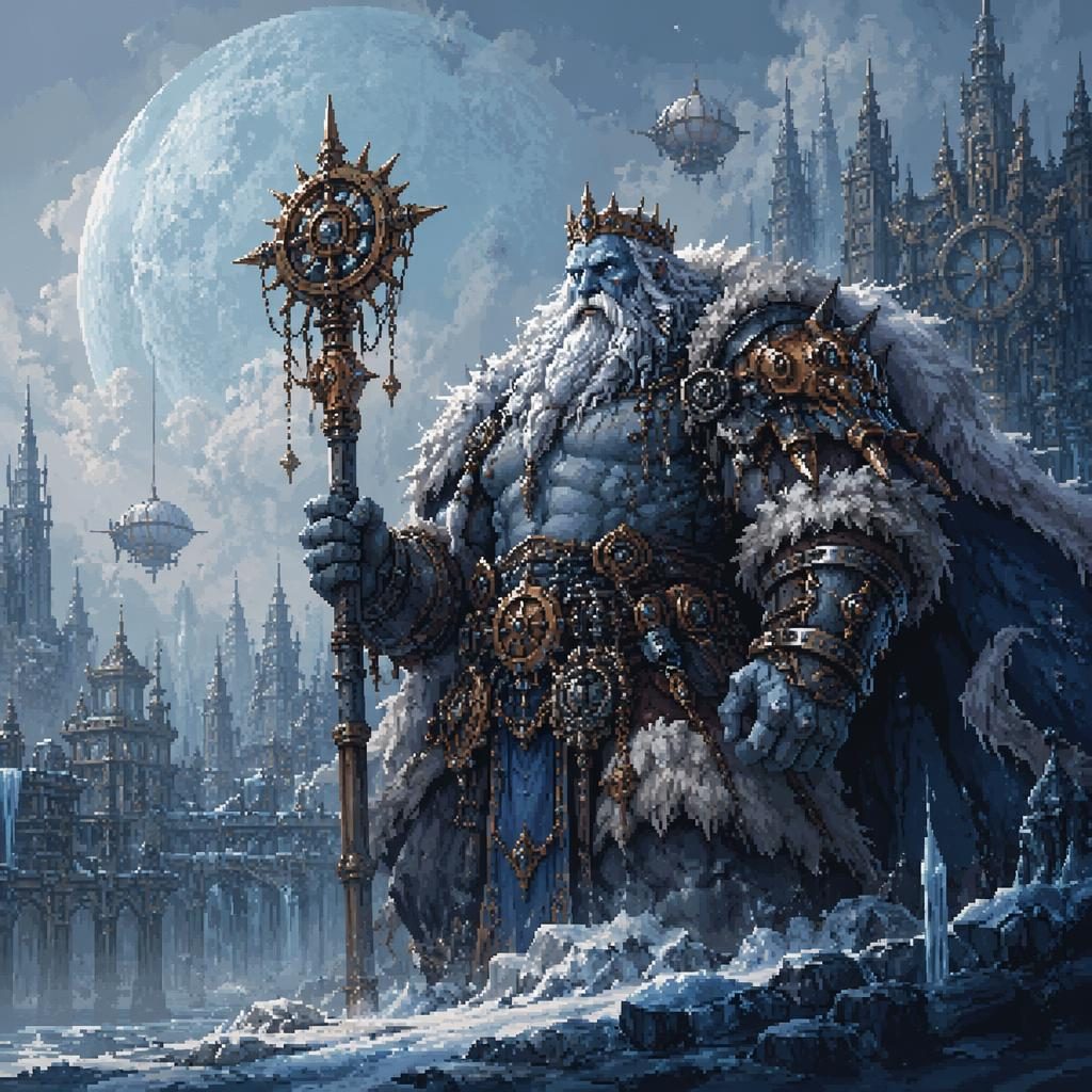 Pixel art of a melancholic frost giant warlord in steampunk armor, lit by atmospheric light with a painterly icy background.