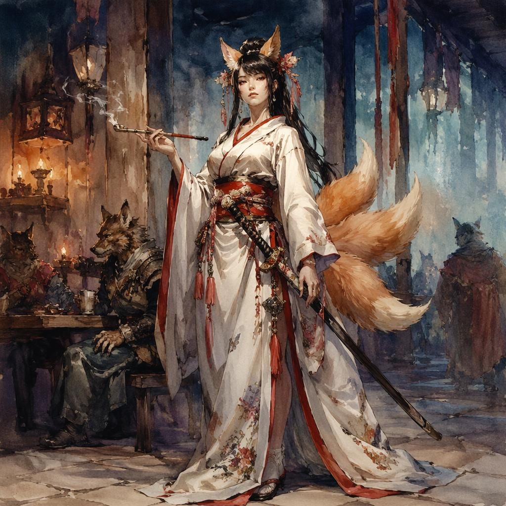 Heroic kitsune shrine maiden in a kimono inside a tavern, painterly fantasy interior with atmospheric light
