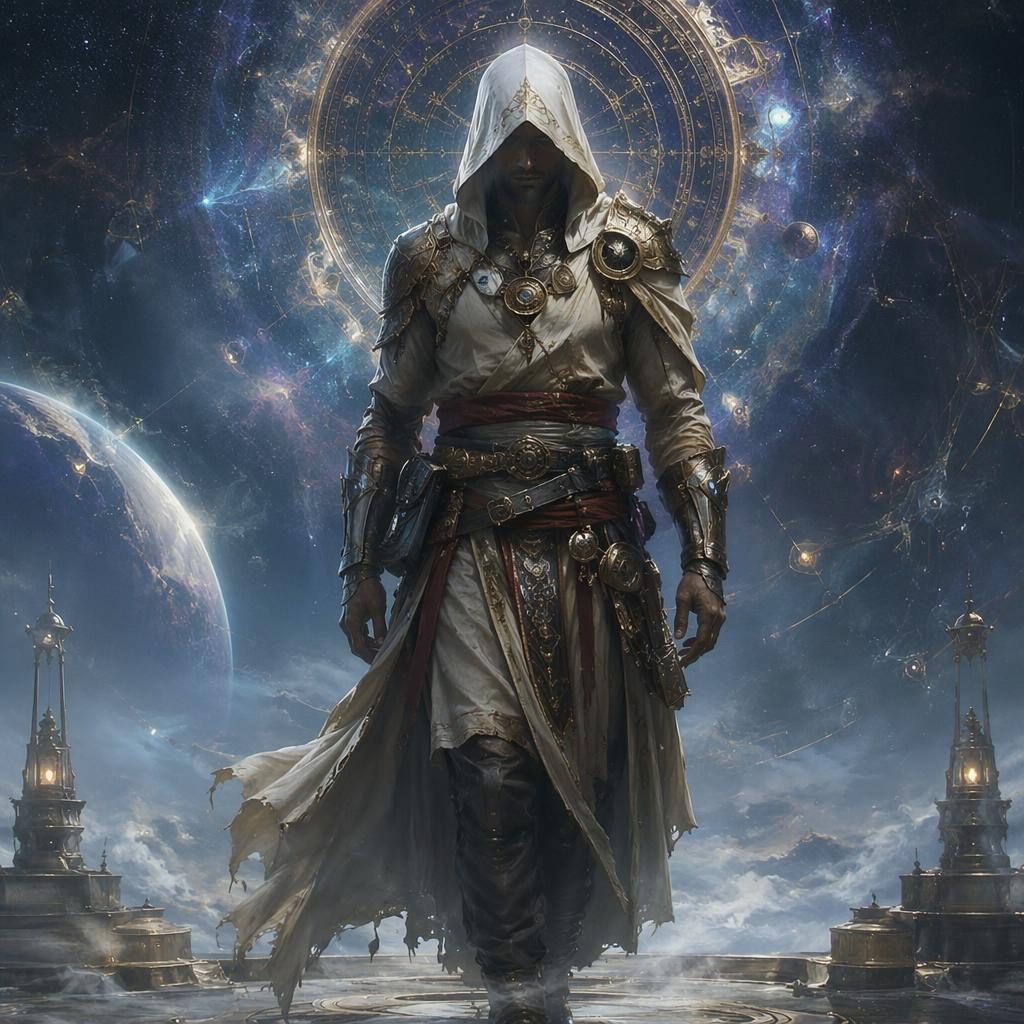 Semi-realistic portrait of an astral wanderer monk in steampunk robes with mystical lighting and a painterly background.