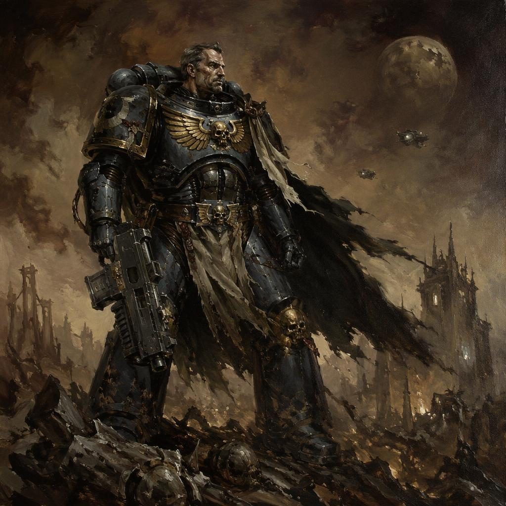 Full-body space marine commander in dark moody armor, painted in warm atmospheric light with a painterly sci-fi background.