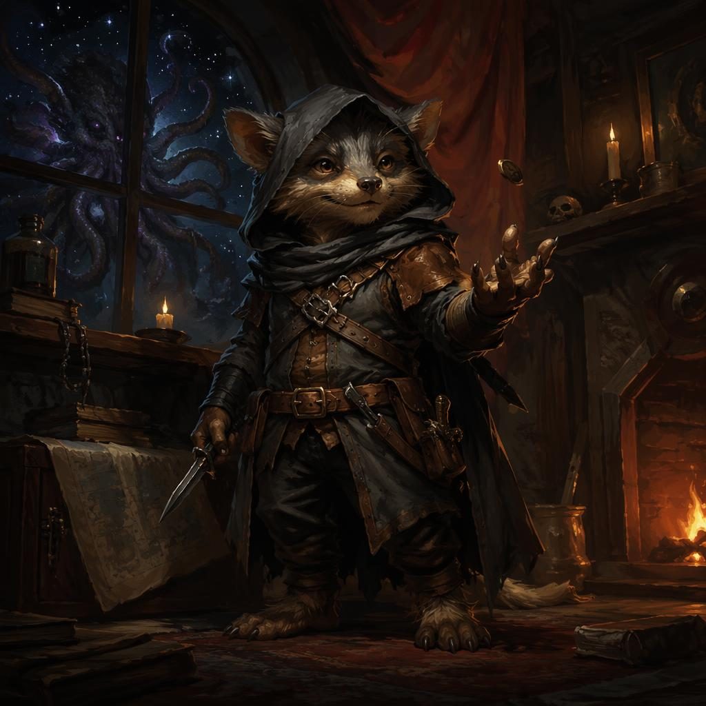 Full-body halfling rogue in dark moody oil painting style, warm cozy lighting, sharp detail, painterly cosmic horror backdrop.