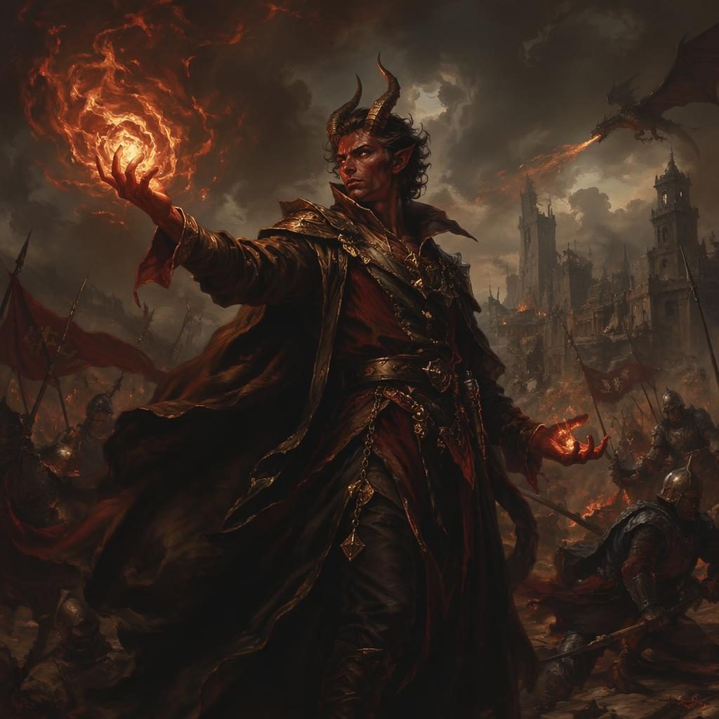 Tiefling sorcerer casting magic in a dark fantasy battle scene, renaissance-inspired armor, atmospheric lighting