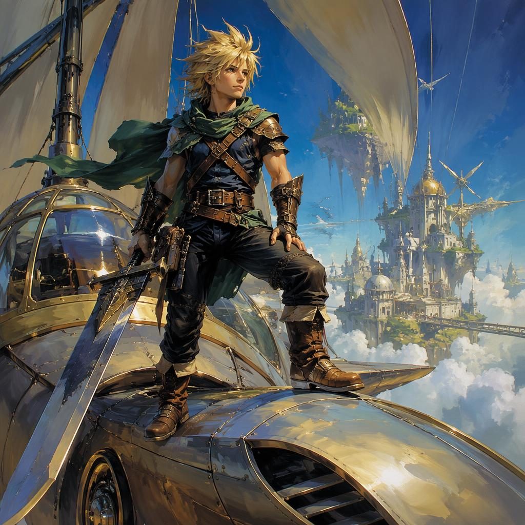 Triumphant halfling rogue beside a solar-punk spaceship in retro 1980s fantasy style with atmospheric lighting