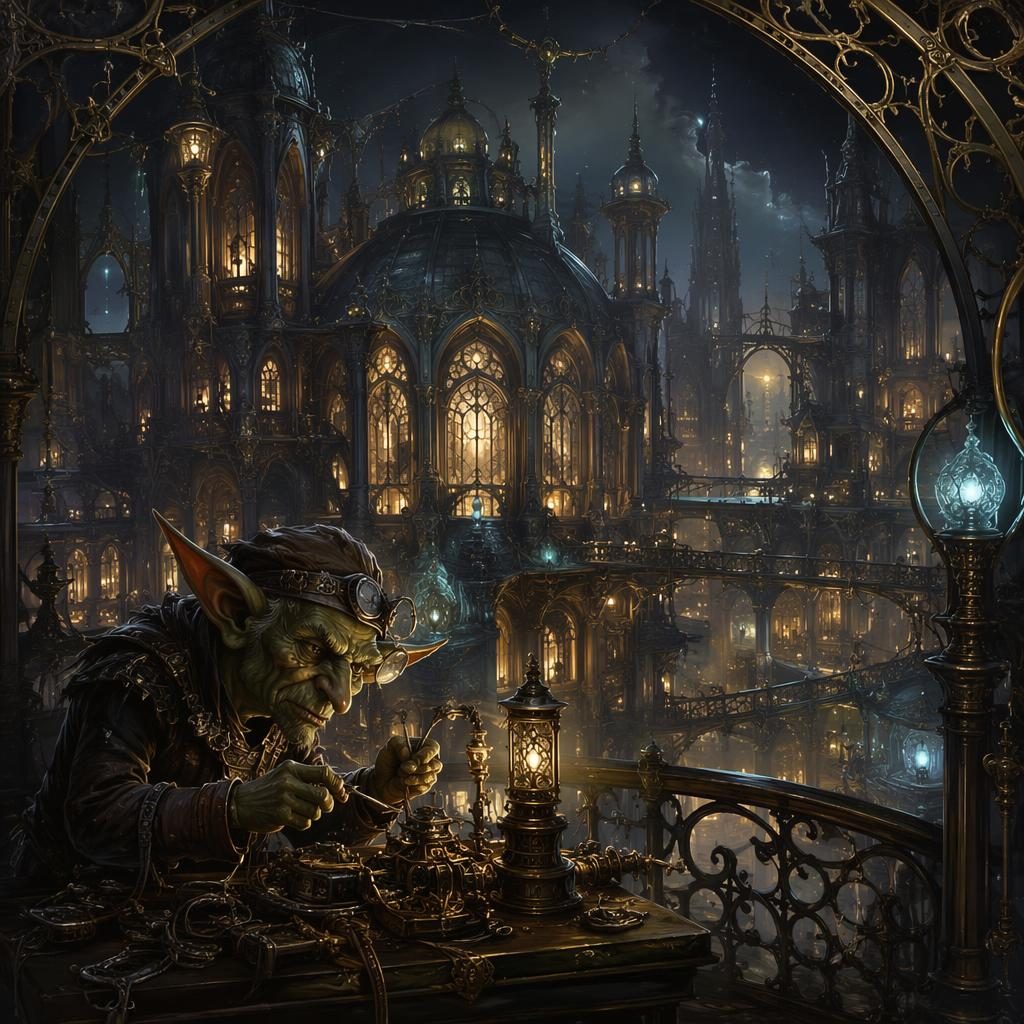 Cyberpunk art nouveau building shaped by a goblin tinker, with glowing machinery, mysterious lighting, and painterly city haze.