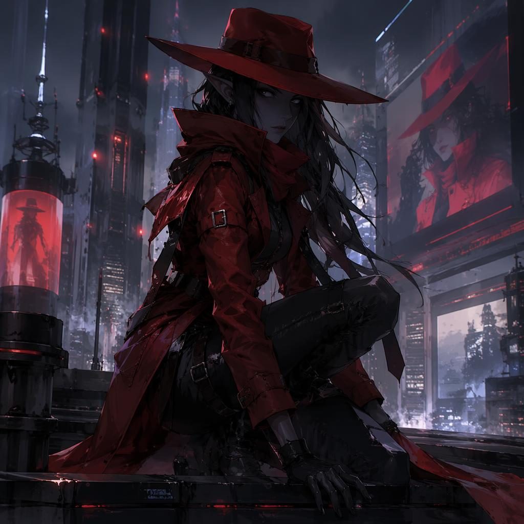 Dark elf assassin in a cyberpunk fantasy environment with atmospheric lighting, anime-style detail, and a grim painterly city lair.