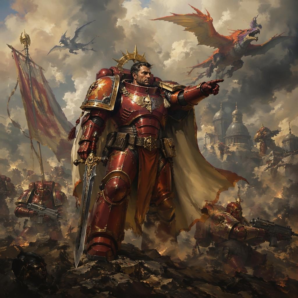 Renaissance-style concept art of a space marine commander leading a dark fantasy battle under atmospheric light