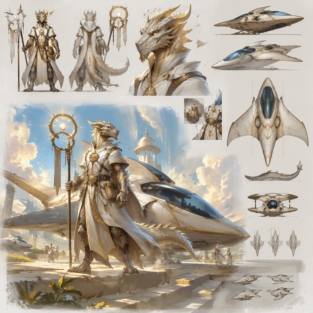 Dragonborn cleric standing by a solar-punk starship in retro 1980s fantasy style, triumphant mood, dramatic light