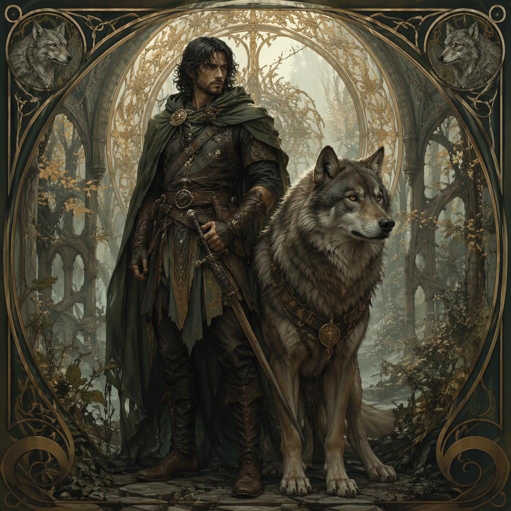Art nouveau fantasy hall with a beastmaster and wolf companion, atmospheric lighting, sharp focal detail, painterly background.