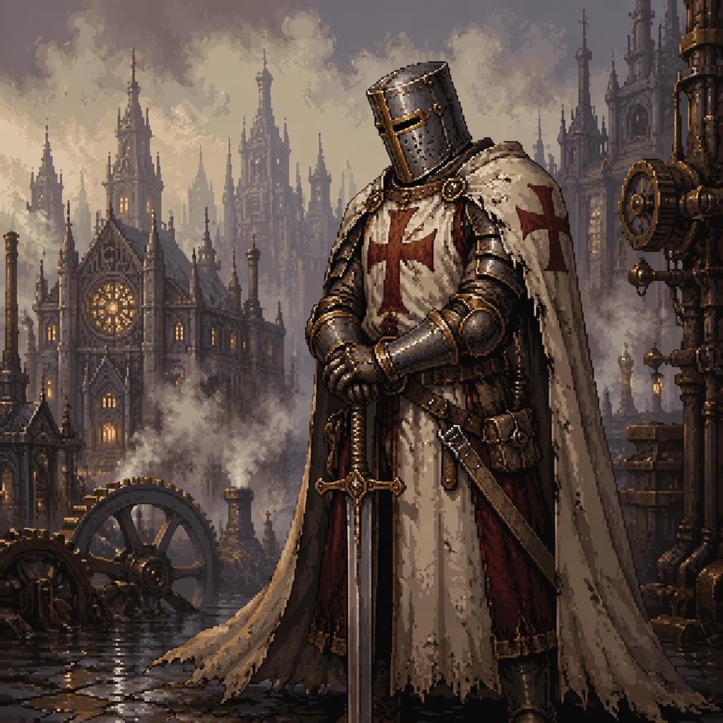Pixel art of a melancholic steampunk human templar knight in atmospheric light with a painterly background