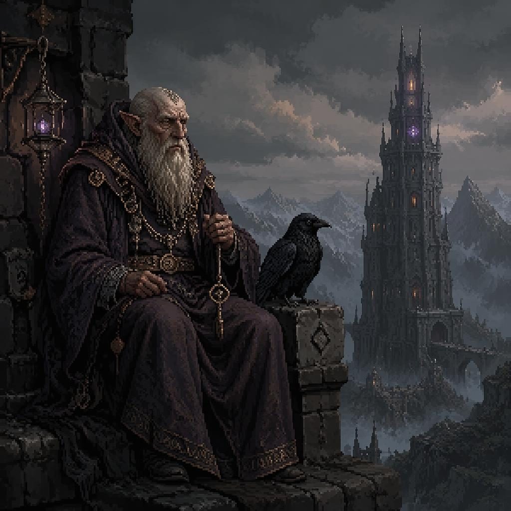 Melancholic pixel art of a mage tower keeper creature beside a medieval tower, with atmospheric light and sharp detail.