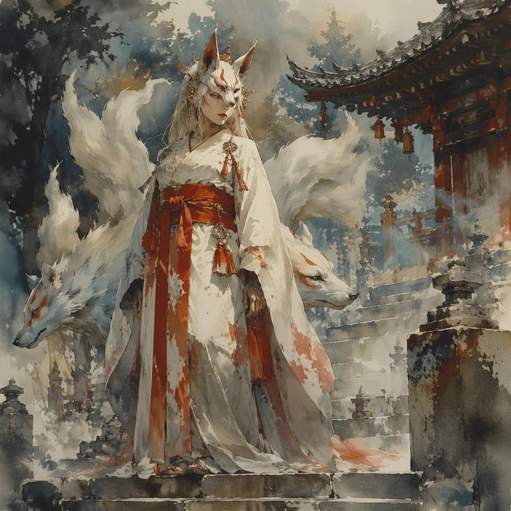 A kitsune shrine maiden in a flowing kimono stands by an ornate medieval shrine, painted in mysterious art nouveau style.