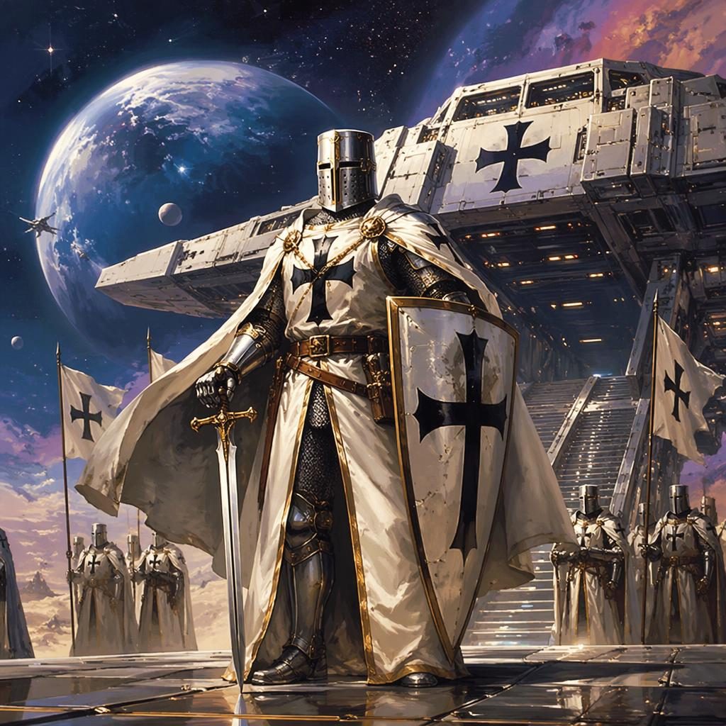 Human knight templar in retro 1980s sci-fi armor beside a spaceship, lit dramatically with a triumphant mood