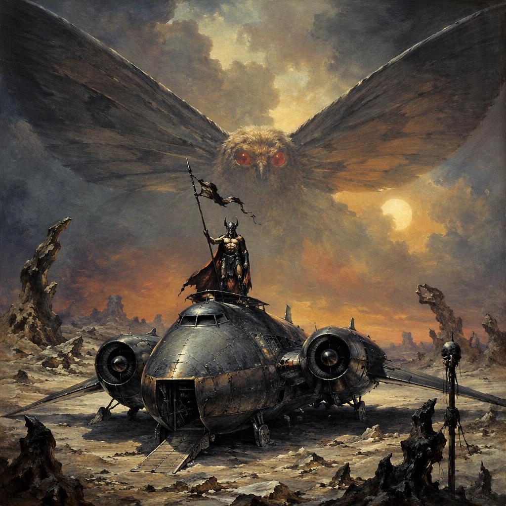 Dark fantasy retro 1980s vehicle concept art of a triumphant wasteland nomad craft in an atmospheric desert.