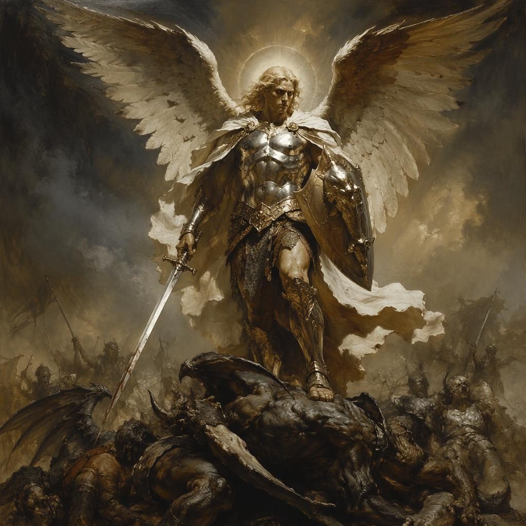 Celestial archangel warrior in dark fantasy battle, renaissance-inspired armor, glowing wings, atmospheric light