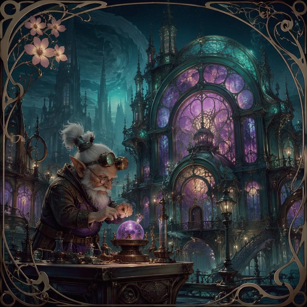 Cyberpunk art nouveau tower workshop with a gnome artificer, glowing machinery, atmospheric light, and a mysterious painterly city backdrop.