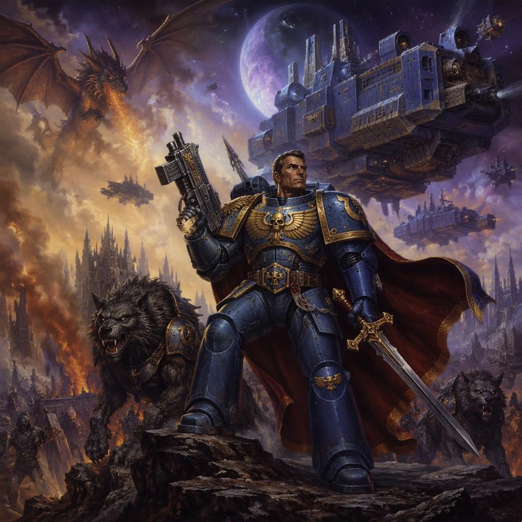 Triumphant space marine commander beside a dieselpunk spaceship in retro 1980s fantasy style with atmospheric lighting