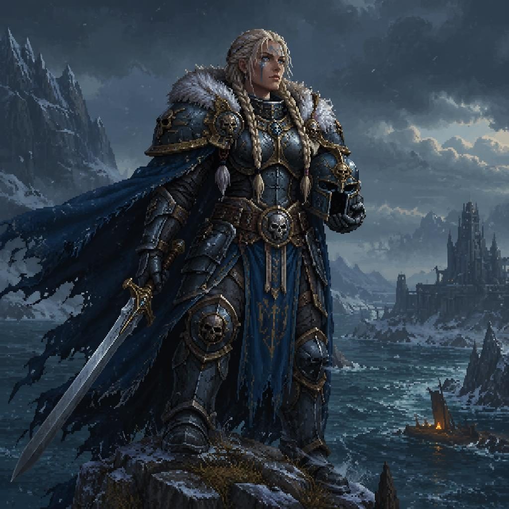 Pixel art of a melancholic female Viking warrior styled as a space marine commander in atmospheric medieval fantasy armor